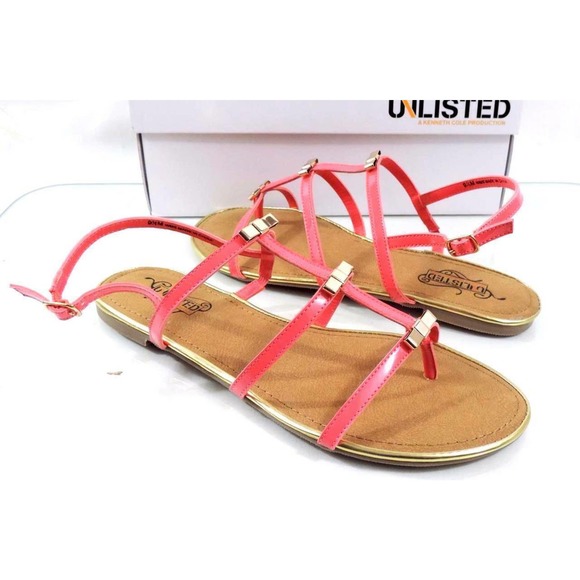 Unlisted by Kenneth Cole JAZZ STAND PA Strappy Flat Sandal Coral Patent Size 9.5 - Picture 2 of 7